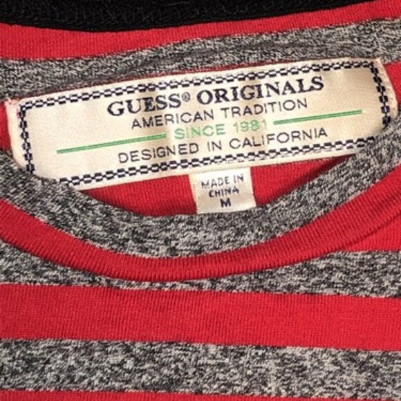 GUESS Originals T-Shirt Medium Red Gray Striped Logo Graphic Short Sleeve Mens - Picture 2 of 10